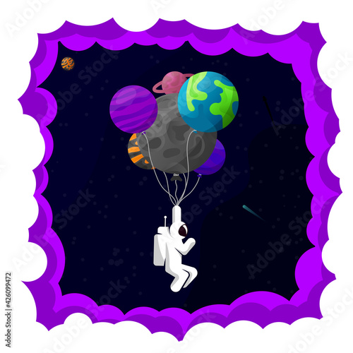 Astronaut in space. Planets and inflatable balloons. Vector