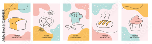 Set of wallpaper for social media stories, cards, flyers, posters, banners and other promotion. Bakery design elements, logos, badges, icons and objects.