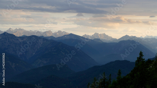 Panoramic mountain view from Tegernseer hut  Bavaria  Germany
