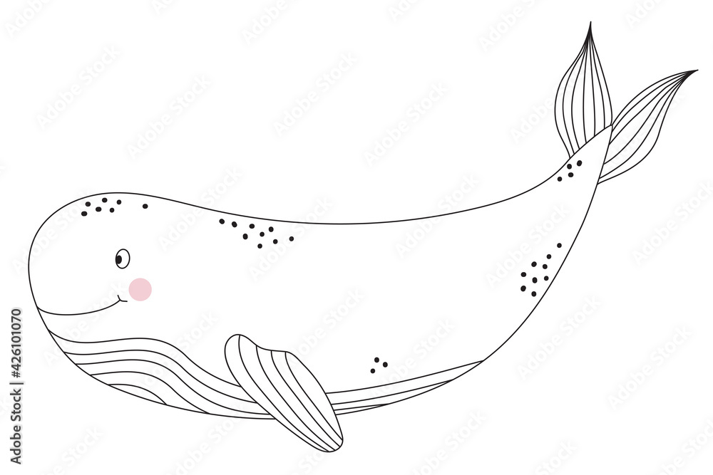 The sea animal is a whale. Cute decorative underwater character with eyes and a smile. Vector illustration isolated on white background. Line, sketch, outline The sea animal is a whale. Cute decorative underwater character with eyes and a smile. Vector illustration isolated on white background. Line, sketch, outline