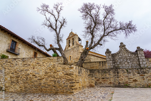 Ancient medieval church made of stone, seen among the trees with bare branches. photo