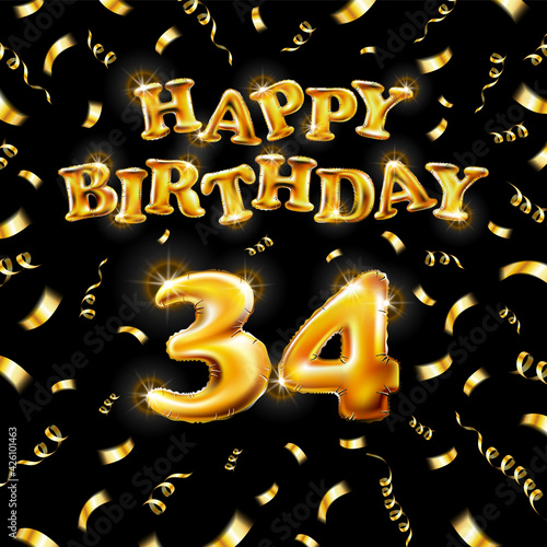 Golden number thirty four metallic balloon. Happy Birthday message made of golden inflatable balloon. 34 letters on black background. fly gold ribbons with confetti. vector illustration art photo