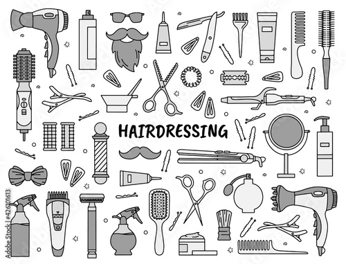 Hairdressing and barbershop tools set of icons