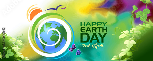Swirling earth with sunset and birds flying across the globe. Nature background with creeper climbing on a bush.