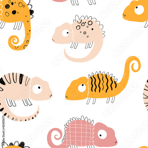 Vector hand-drawn colored childish seamless repeating simple flat pattern with chameleons in scandinavian style on a white background. Cute baby animals. Pattern for kids with chameleon. Lizard.