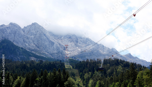 Zugspitze Panorama in Bavaria and overhead cable car - Zugspitzbahn with Mountains Waxenstein and Zugspitze peaks. Wetterstein range Northern Limestone Alps Bayern Germany Europe.