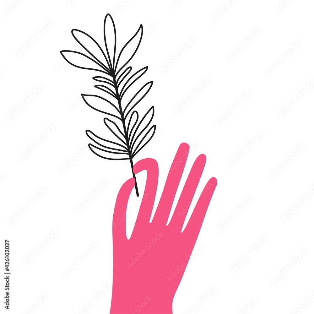 Vector illustration with floral branch and pink human hand. Trendy doodle print design Vector illustration with floral branch and pink human hand. Trendy doodle print design