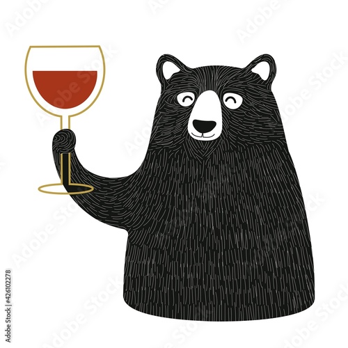 Vector illustration of bear holding glass of red wine. Party flyer template design, bar wall decoration poster, alcohol lover apparel print