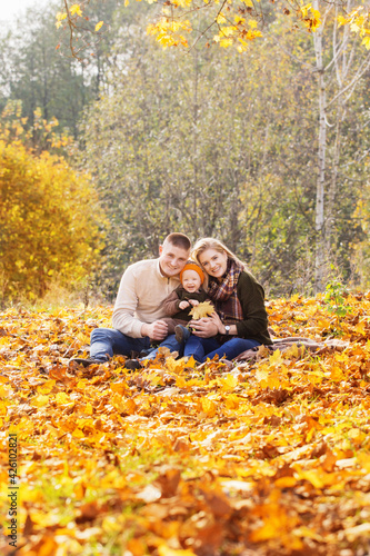 happy family with little baby in autumn park