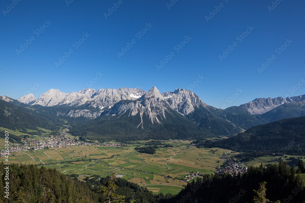 Zugspitze mountain and Ehrwalder Sonnenspitze mountain in Tyrol, Austria