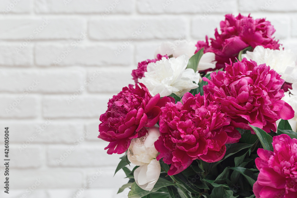Bouquet of red blossoming peonies in vase on light background, close-up, fragrant summer flowers in room