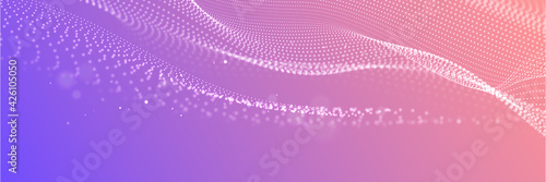 Wide abstract wavy particle background. Flowing particles with depth of field. Technology, science, gaming, cinema, website vector background.
