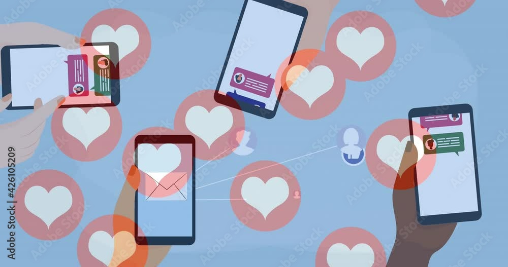 Multiple heart icons floating against hands using smartphones against blue background Multiple heart icons floating against hands using smartphones against blue background