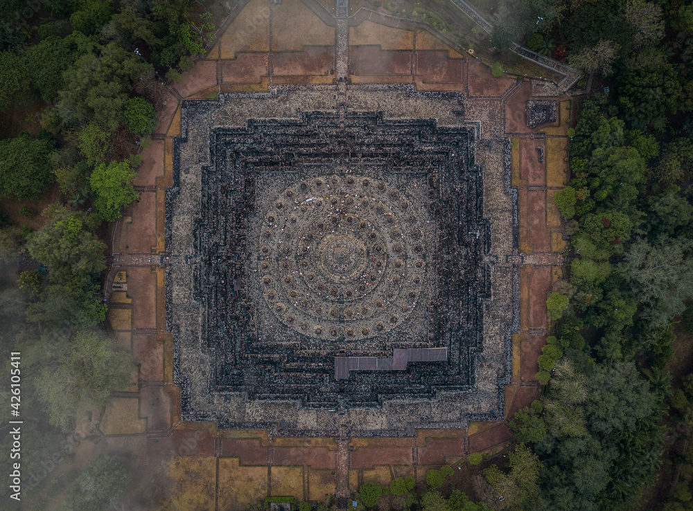 Aerial view of Borobudur temple, world biggest Buddhist Temple