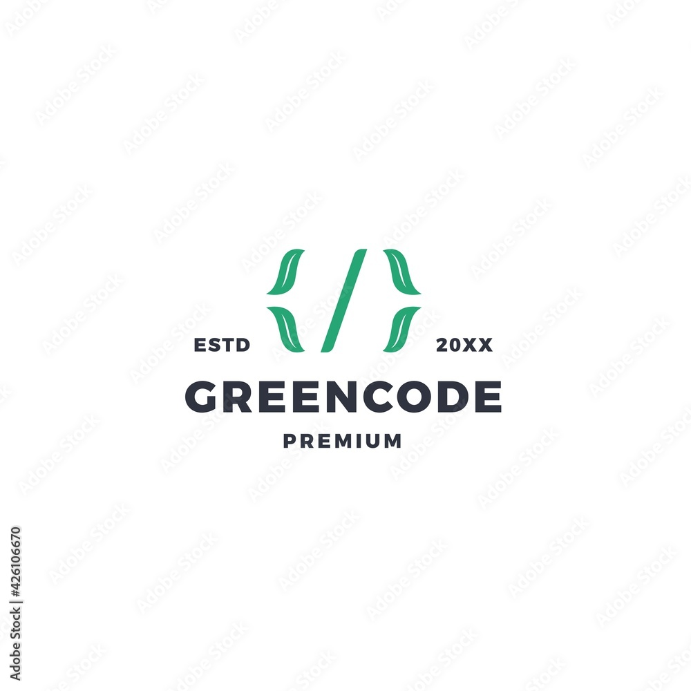 Green code with leaf and coding symbol with slash and parentheses Green code with leaf and coding symbol with slash and parentheses