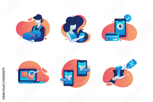 Set icons with box delivery, woman, mobile shopping, laptop with internet search, gift box.