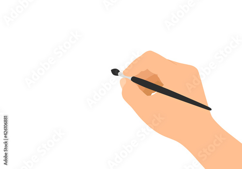 Flat design illustration of male hand holding paintbrush and paints on white background, vector