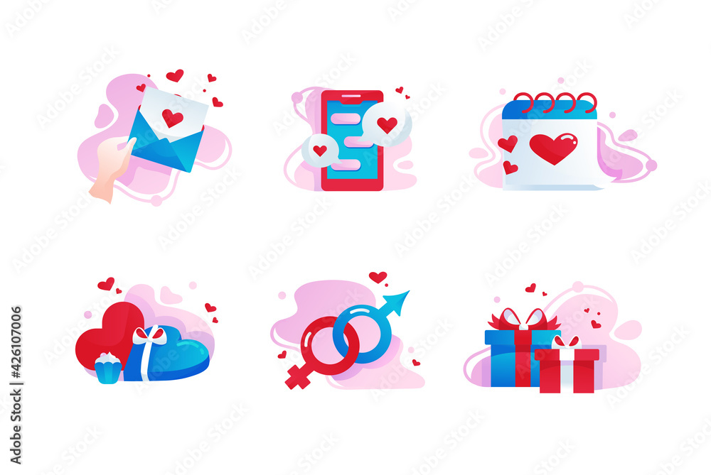 Set icons with love, gift box, message, date, heart. Set icons with love, gift box, message, date, heart.