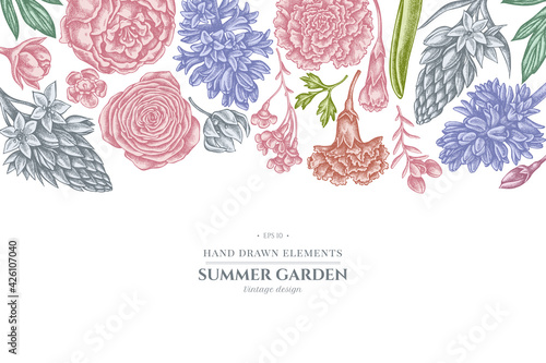 Floral design with pastel peony, carnation, ranunculus, wax flower, ornithogalum, hyacinth