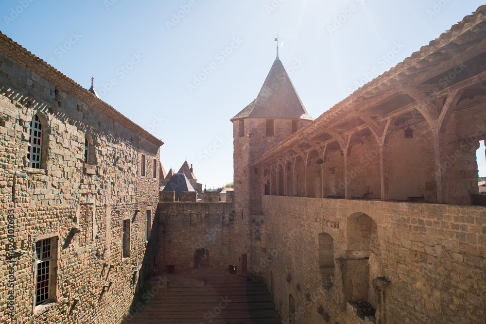 Interior courtyard medieval castle at Carcassonne France.