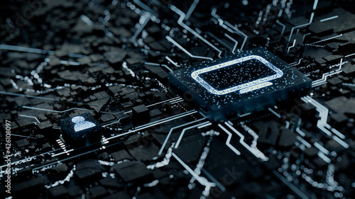 Display Technology Concept with Monitor symbol on a Microchip. White Neon Data flows between the CPU and the User across a Futuristic Motherboard. 3D render. photo