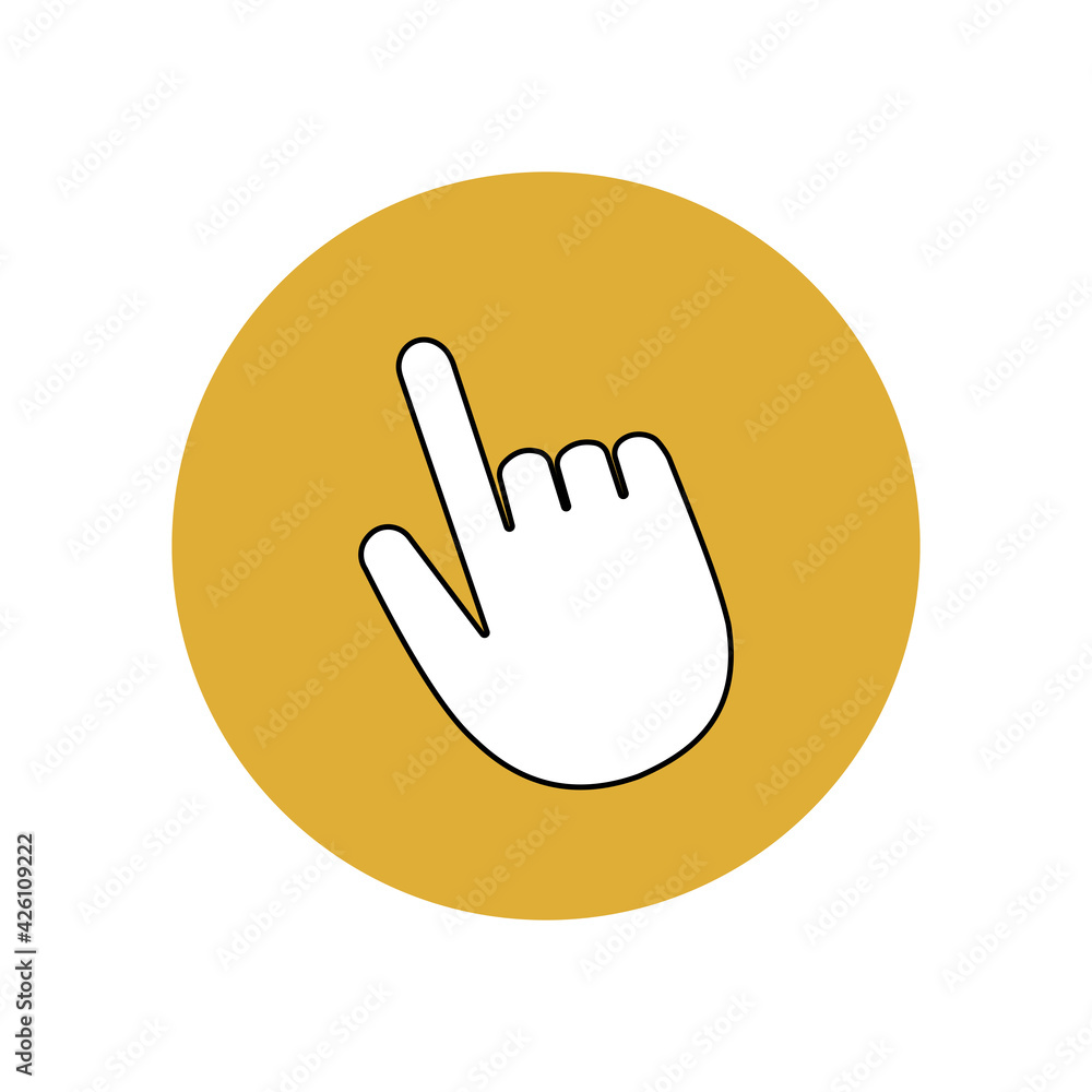 Hand pointer icon in yellow circle. Mouse navigator for computer. Application user button in smartphone. Hand pointer icon in yellow circle. Mouse navigator for computer. Application user button in smartphone.
