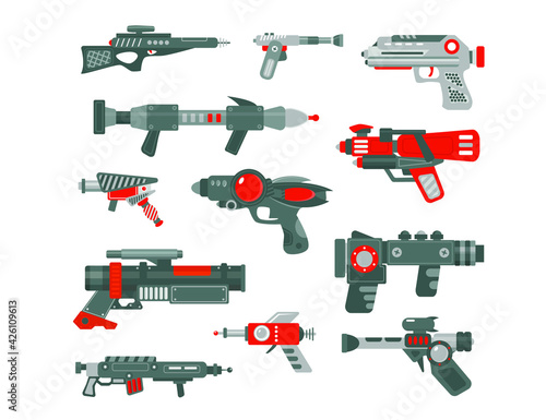 Vector illustration with colorful space blasters. Flat illustration isolated on white background.
