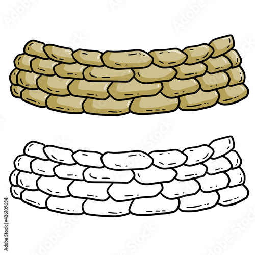 Barricade of sandbags. Fortified point. Defense construction. Modern warfare. Wall of the bag. Outpost and barrier. Set of cartoon illustration
