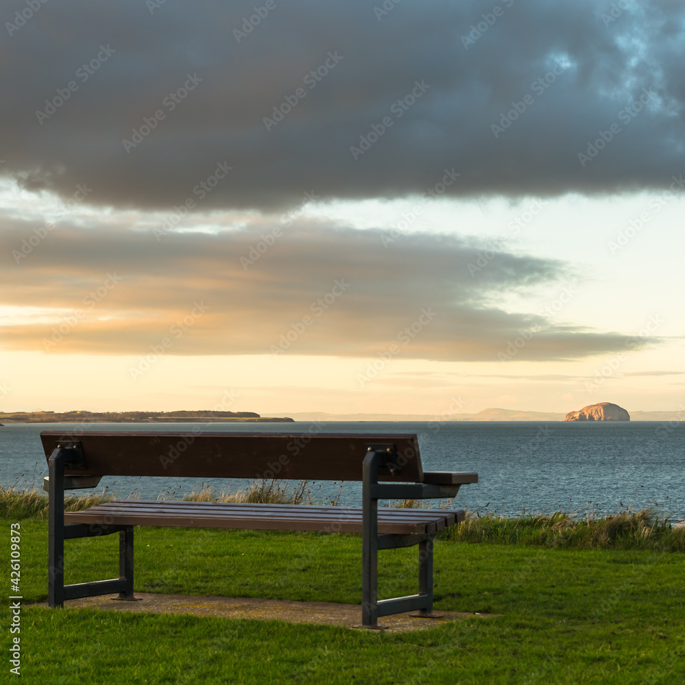 bench at sunset looking out to the Bass Rock bench at sunset looking out to the Bass Rock