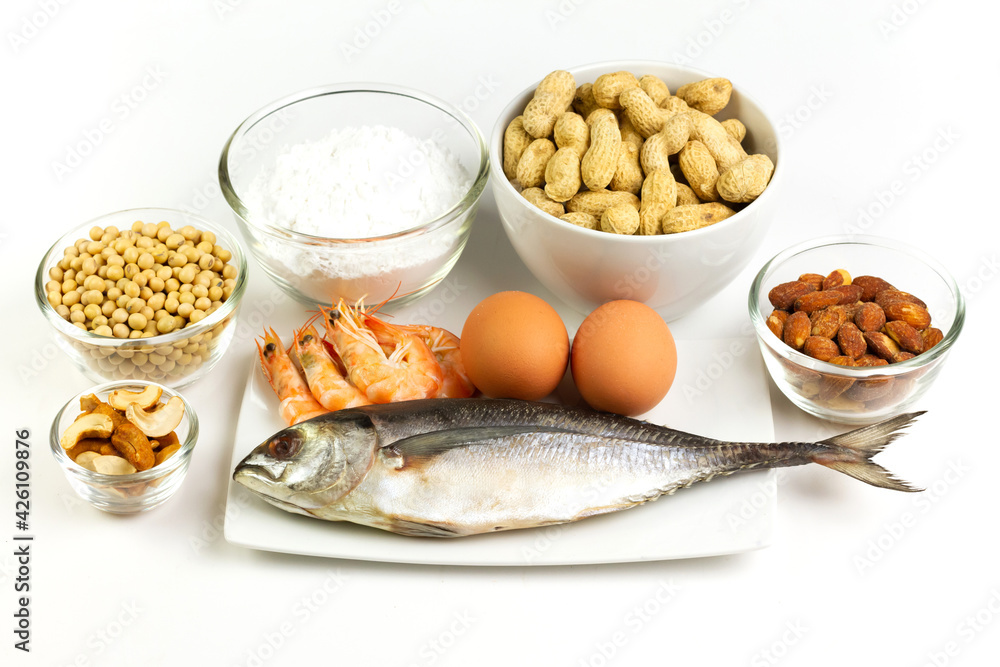 Major food allergens include egg, penuts, fish, shrimp, wheat flour, soya, almond and cashew nut