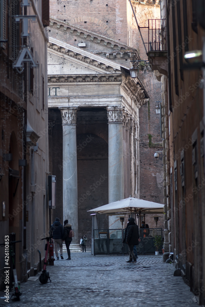View on the famous Pantheon in Rome from a small street: 