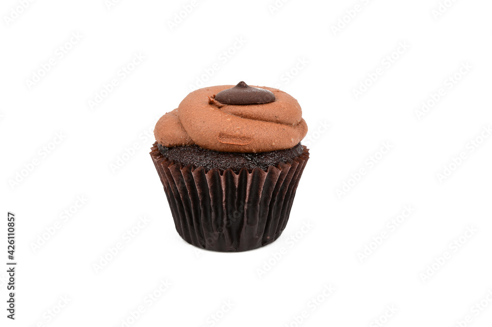 Chocolate cupcake with creme brulee on top and chocolate candy. Chocolate cupcake with creme brulee on top and chocolate candy.