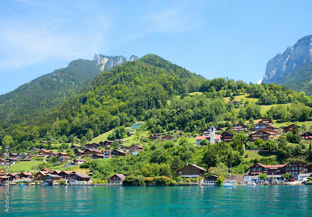 beautiful tourist resort Merligen, lake shore of Thunersee, Berner Oberland, switzerland