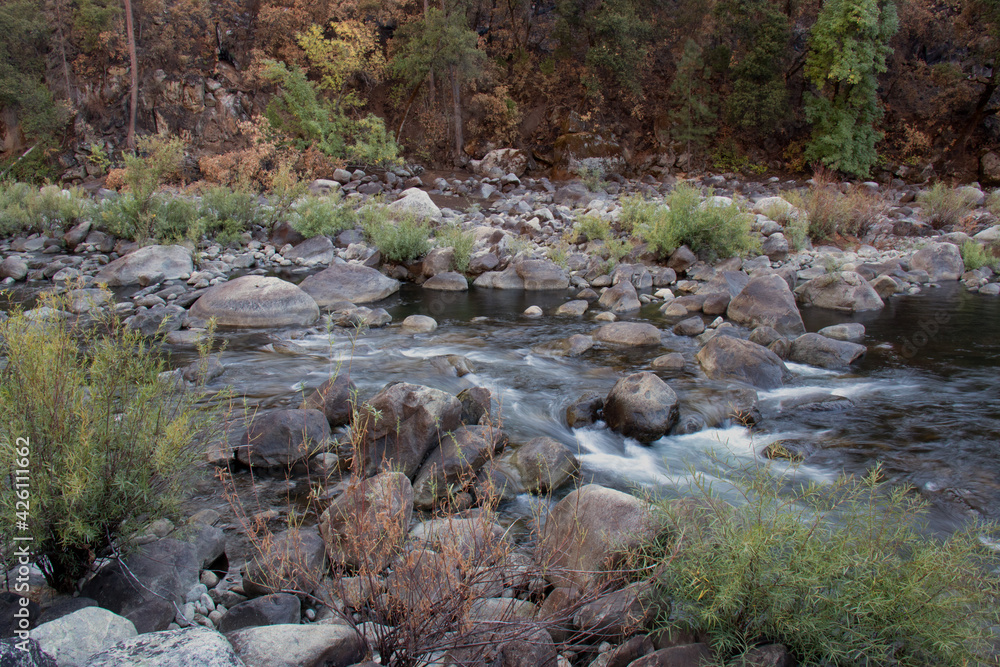 river in the mountains in wildfire burn area