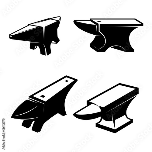 Set of illustrations of blacksmith anvil . Design element for logo, label, sign, emblem, poster. Vector illustration