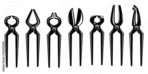 Illustration of blacksmith pliers. Design element for logo, label, sign, emblem, poster. Vector illustration