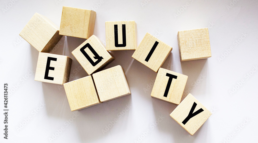 The word EQUITY is composed of building blocks on a white background.