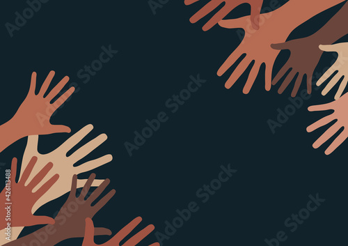 Raised hands, open palms. The concept of charity, volunteering, love, kindness, equality, racial and social issues. Vector illustration