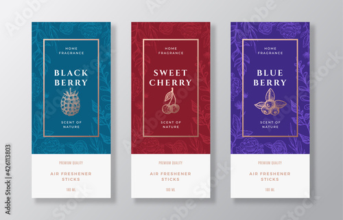 Home Fragrance Vector Label Templates Set. Hand Drawn Sketch Blackberry, Blueberry, Cherry and Flowers Background with Typography. Room Perfume Packaging Design Layout. Realistic Mockup. Isolated