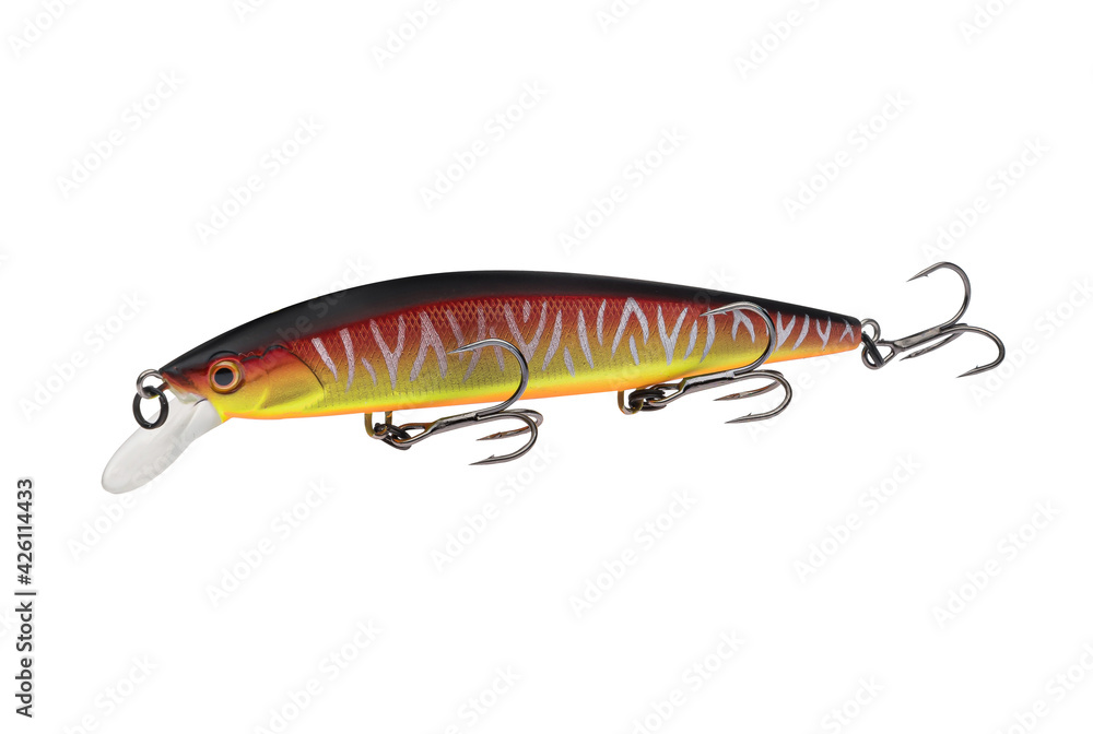 Wobbler with hooks for fishing as bait for fish, which is used for spinning. Fishing tackle for a fisherman. Wobbler with hooks for fishing as bait for fish, which is used for spinning. Fishing tackle for a fisherman.