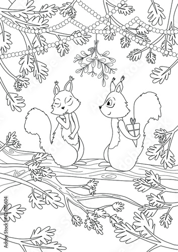 coloring page one squirrel gives a gift to another squirrel