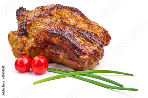 Baked pork roast, spicy glazed meat, isolated on white background. High resolution image