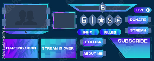 Overlay the game on a dark background. Modern Vector banner design. Template design. Buttons, frames for streaming and donating. Overlay game communicating with subscribers.