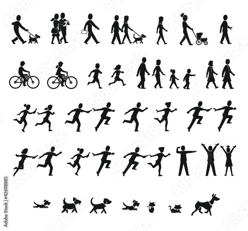 Silhouettes of pets, bikes, relay runners