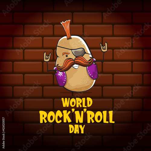 World rock n roll day poster with potato cartoon character isolated on brick wall background. Rock n roll day poster design template