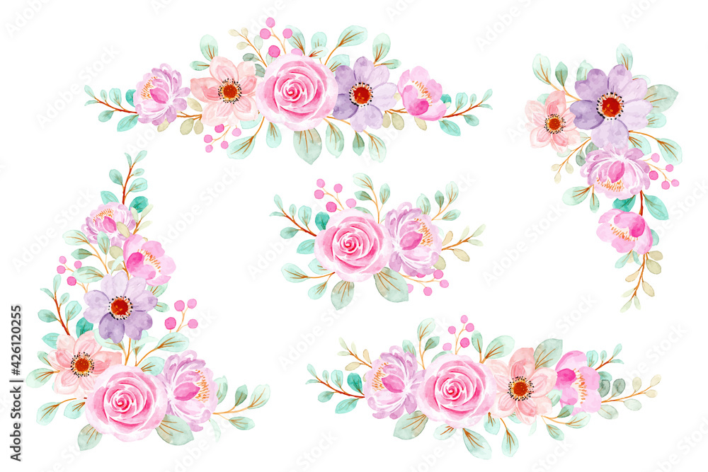 Watercolor pink flower bouquet collection