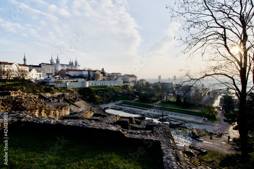 Roman Theater with basilica Notre Dame de FourviÃ¨re,Lyon,  France photo