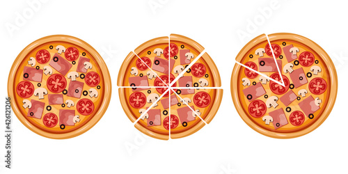 Banner set of pizza circle and slices. Vector illustration of caprichosis in cartoon style. Pizza with tomatoes and ham. Isolated on white background.
