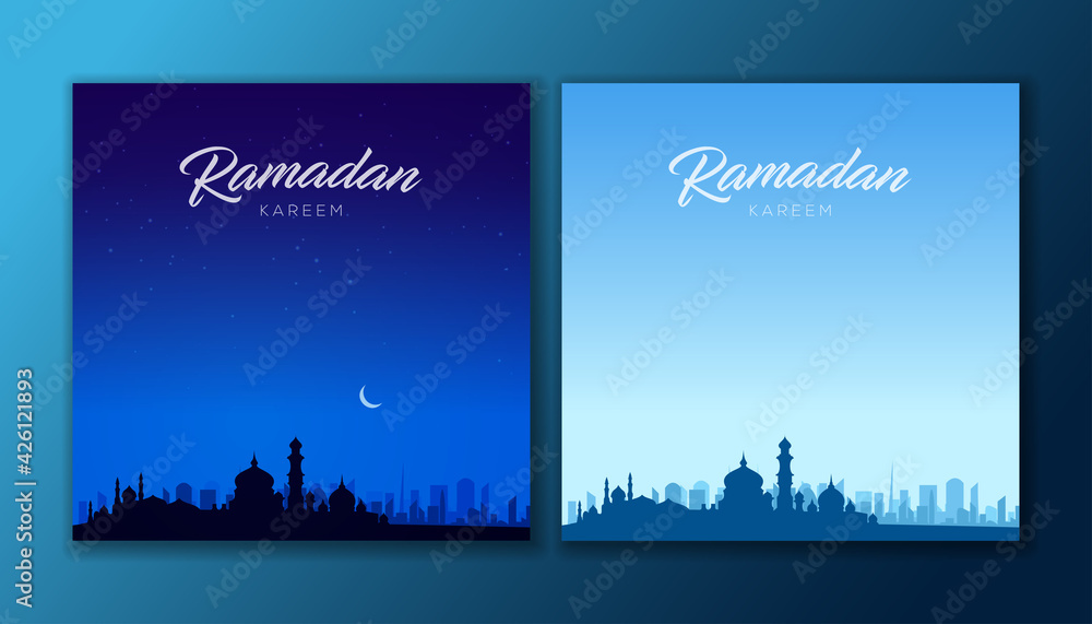 Ramadan kareem islamic background. Mosque and the city in night and day.