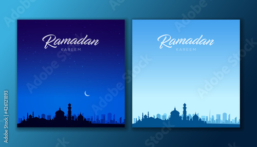 Ramadan kareem islamic background. Mosque and the city in night and day.